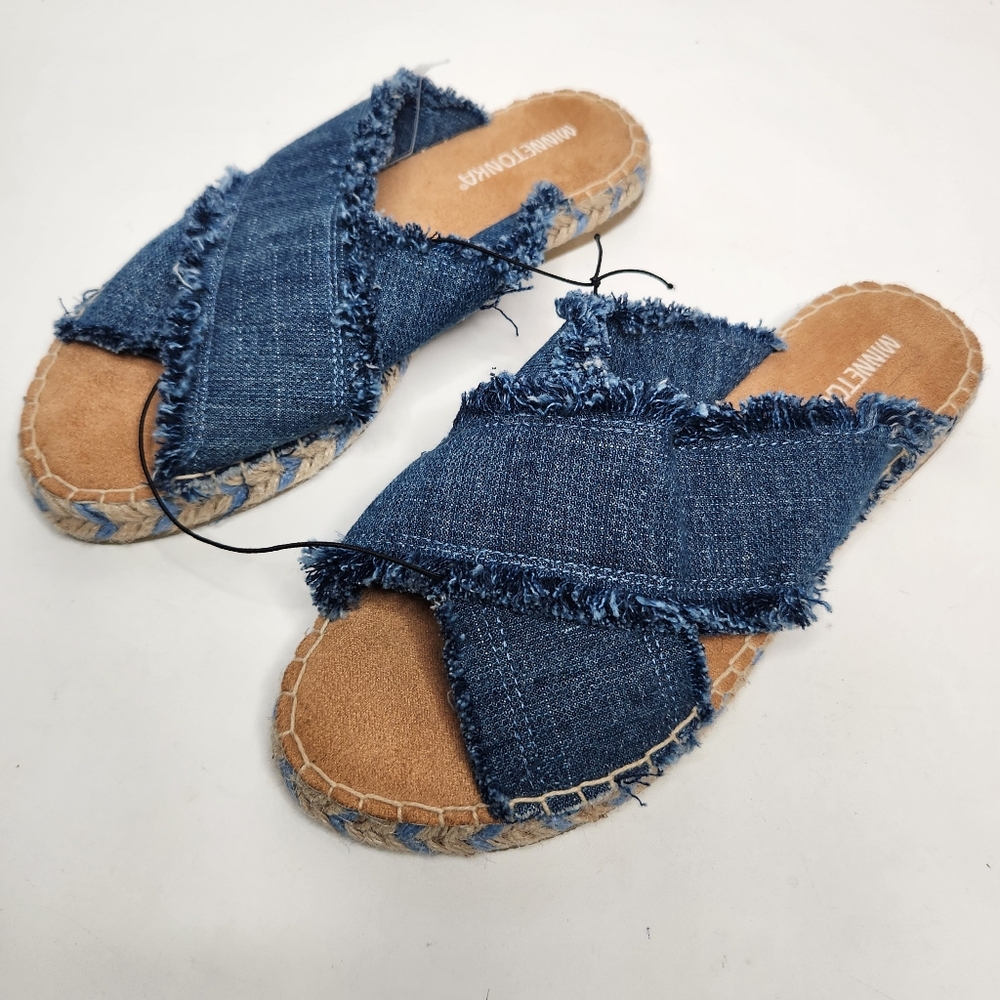 Minnetonka Womens 7M Pepper Blue Denim Flat Slide Sandals Shoes 518425 NEW NWOB